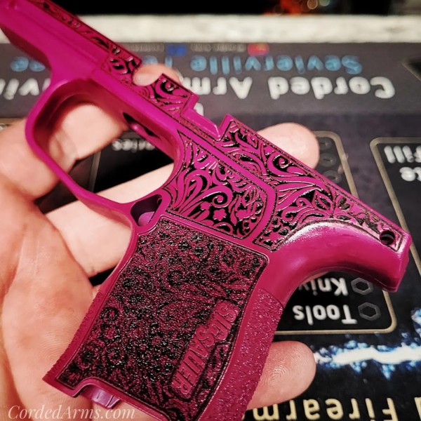 Floral Laser Etched SIG P365 GRIP Cerakoted in Sangria