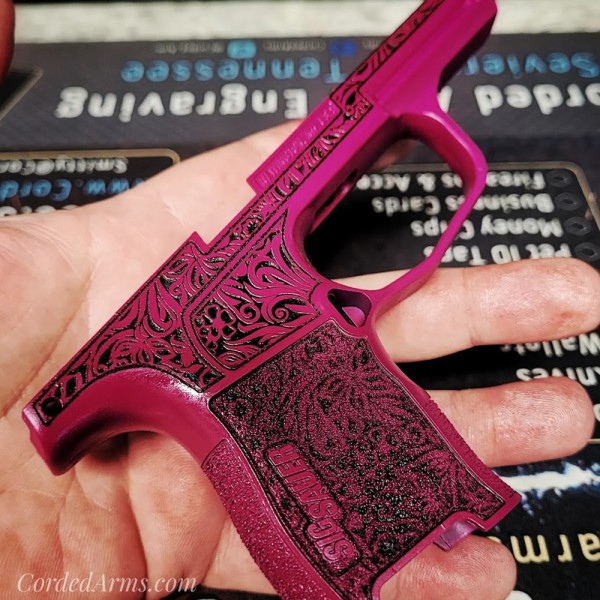 Floral Laser Etched SIG P365 GRIP Cerakoted in Sangria