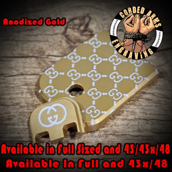 Laser Engraved Glock Slide and Base Plate in Anodized Gold