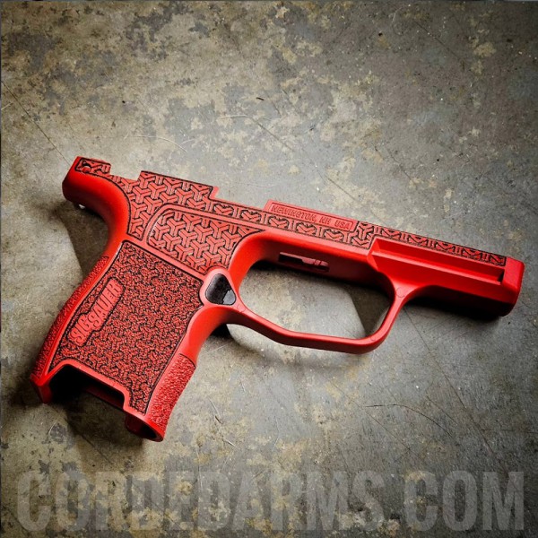 Sig P365 Cerakoted in FireHouse Red, Lasered in Why Knot 